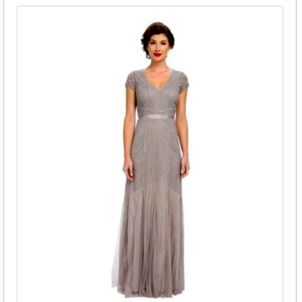 Adrianna Papell Silver Gray Beaded Cap-Sleeve Evening Gown
